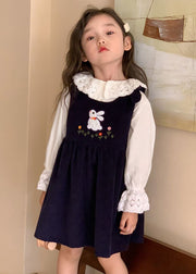 New Navy Embroidered Lace Patchwork Corduroy Girls Two Pieces Set Fall