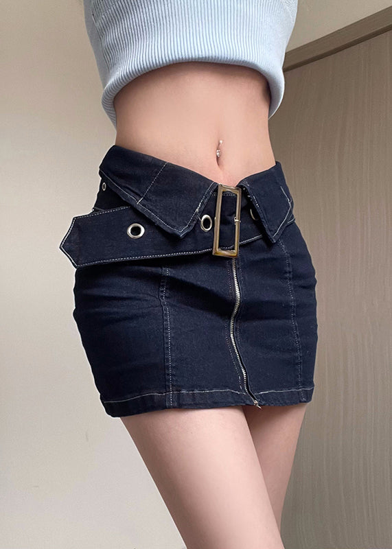 New Navy Zip Up Sashes Patchwork Denim Skirts Summer