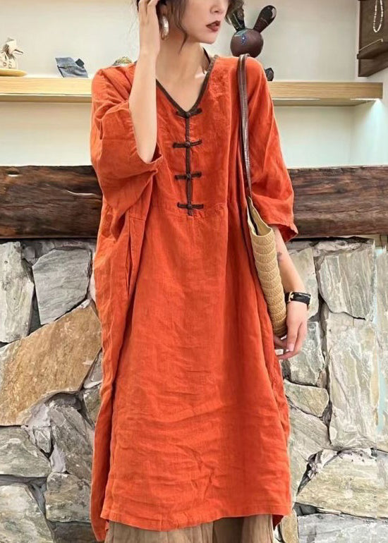 New Orange V Neck Button Pockets Cotton Dress Half Sleeve