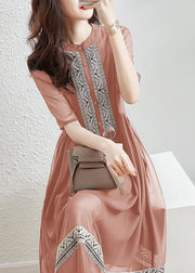 New Pink Button Patchwork Cotton Shirt Dresses Half Sleeve