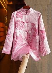 New Pink Embroidered Button Patchwork Silk Coats Fall