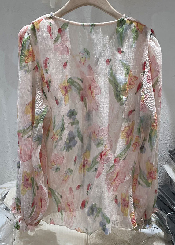 New Pink V Neck Button Print Chiffon Shirt Long Sleeve