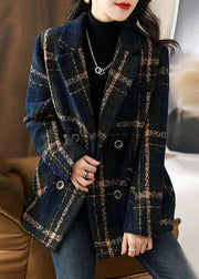 New Plaid Peter Pan Collar Button Patchwork Woolen Coats Long Sleeve