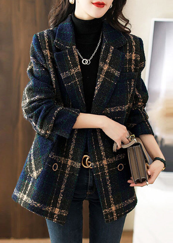 New Plaid Peter Pan Collar Button Patchwork Woolen Coats Long Sleeve