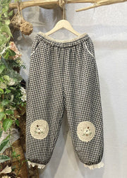 New Plaid Pockets Elastic Waist Patchwork Cotton Crop Pants Spring