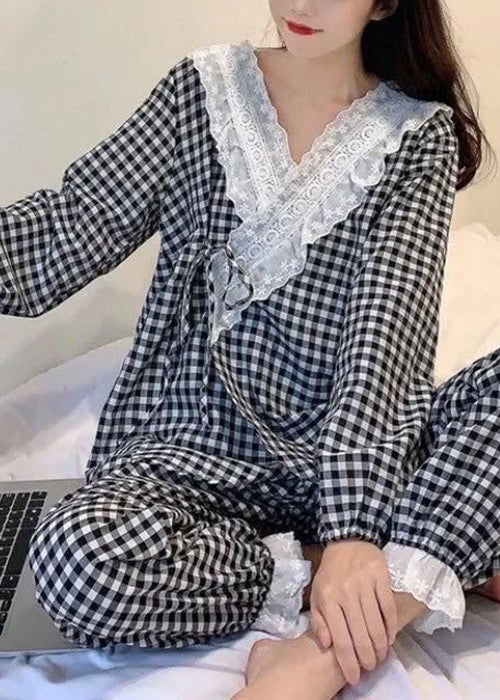 New Plaid V Neck Lace Up Cotton Pajamas Two Pieces Set Spring