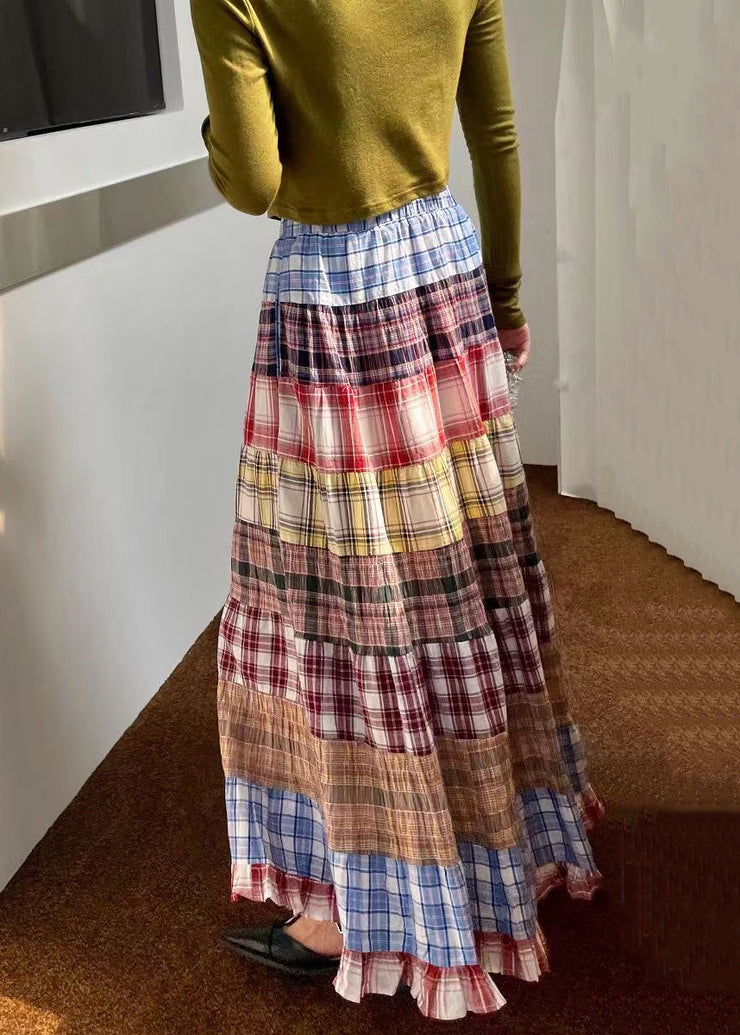 New Plaid Wrinkled High Waist Patchwork Cotton Maxi Skirts Fall