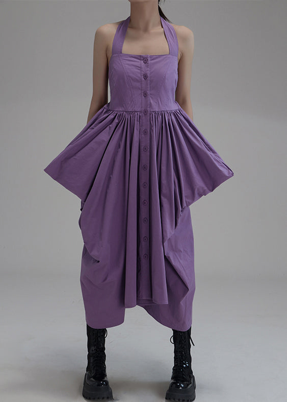 New Purple Asymmetrical Wrinkled Button Cotton Long Dress Sleeveless