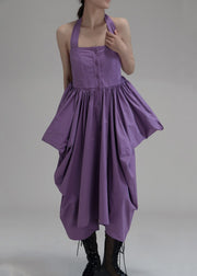 New Purple Asymmetrical Wrinkled Button Cotton Long Dress Sleeveless