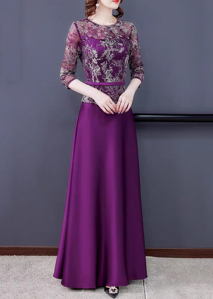 New Purple Embroidered Tulle Patchwork Maxi Dresses Half Sleeve