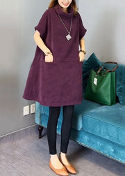 New Purple Turtleneck Pockets Cotton Mid Dress Short Sleeve