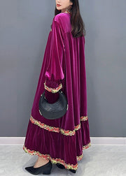 New Purple Wrinkled Patchwork Silk Velvet Long Dresses Long Sleeve