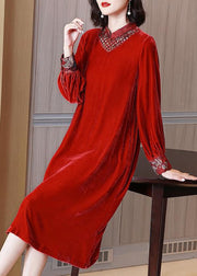 New Red Lace Up Hollow Out Silk Velour Long Dress Long Sleeve