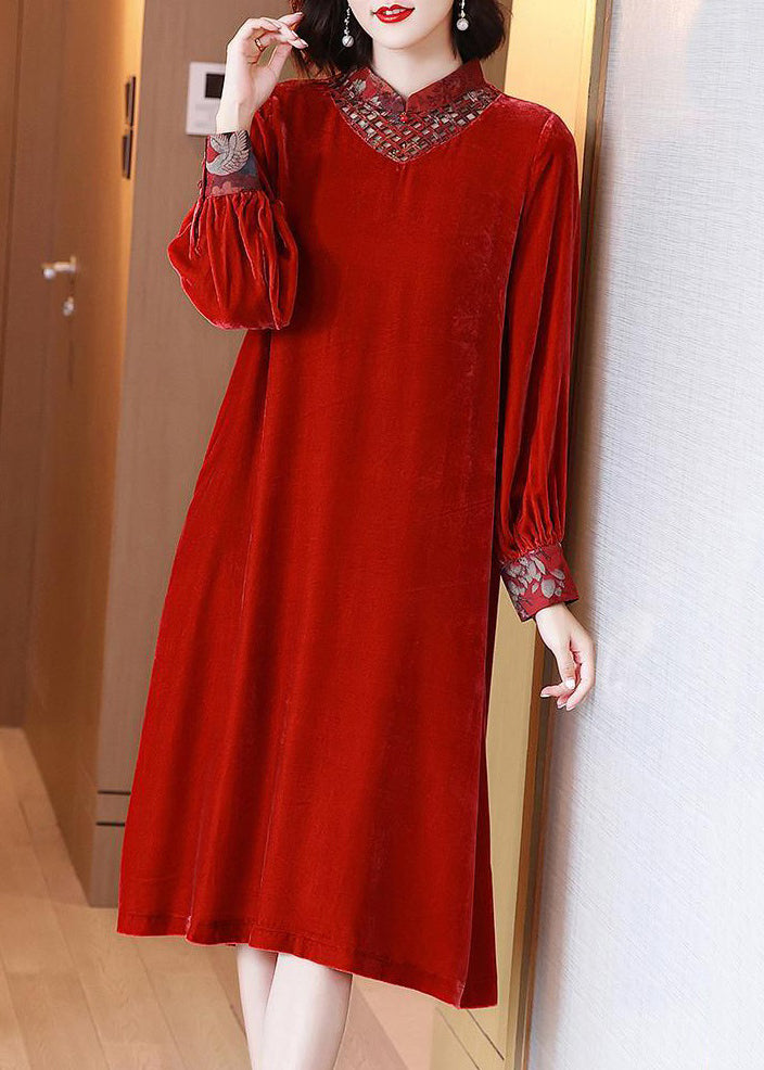 New Red Lace Up Hollow Out Silk Velour Long Dress Long Sleeve