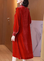 New Red Lace Up Hollow Out Silk Velour Long Dress Long Sleeve