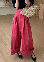 New Red Pockets High Waist Patchwork Cotton Wide Leg Pants Fall