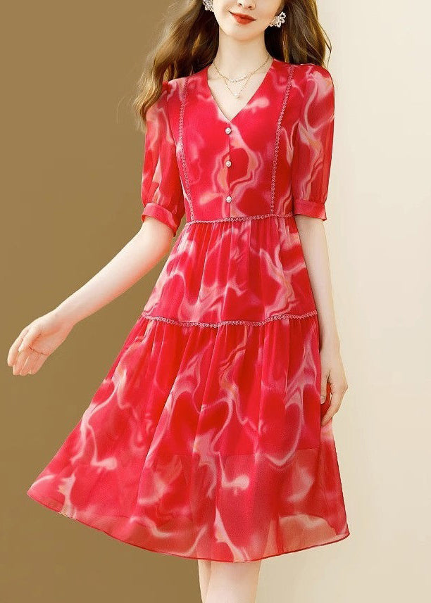 New Red V Neck Print Patchwork Chiffon Dress Short Sleeve