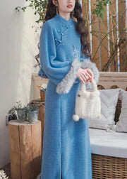 New Retro Blue Embroideried Fur Patchwork Two Pieces Spring