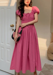 New Rose Solid Lace Up Wrinkled Cotton Long Dress Short Sleeve