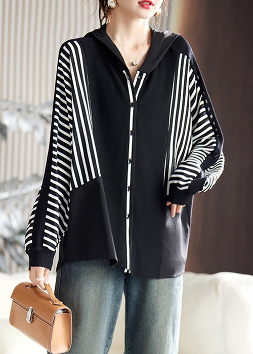 New Striped Hooded Knit Patchwork Chiffon Top Batwing Sleeve