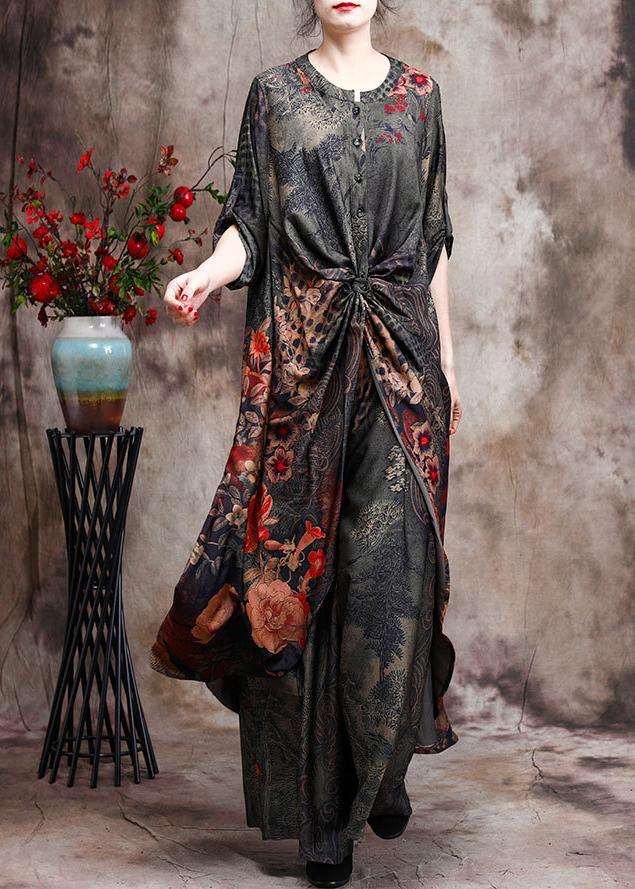 New Silk Two Piece Suit Loose Irregular Print Top Wide Leg Pants - bagstylebliss