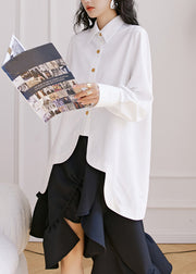 New White Asymmetrical Button Patchwork Cotton Shirt Tops Fall