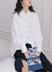 New White Asymmetrical Button Patchwork Cotton Shirt Tops Fall