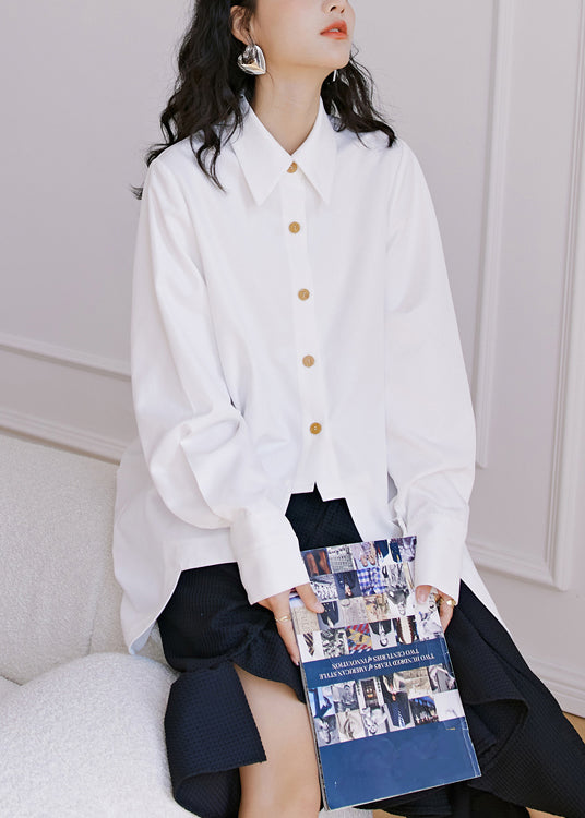 New White Asymmetrical Button Patchwork Cotton Shirt Tops Fall