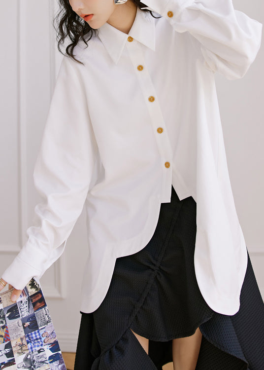 New White Asymmetrical Button Patchwork Cotton Shirt Tops Fall