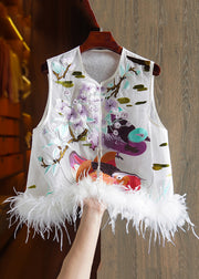 New White Embroidered Feather Patchwork Silk Waistcoat Sleeveless