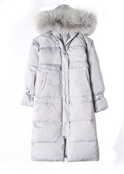 New White Grey Pockets zippered Rabbit hair collar Loose Winter Duck Down Coats