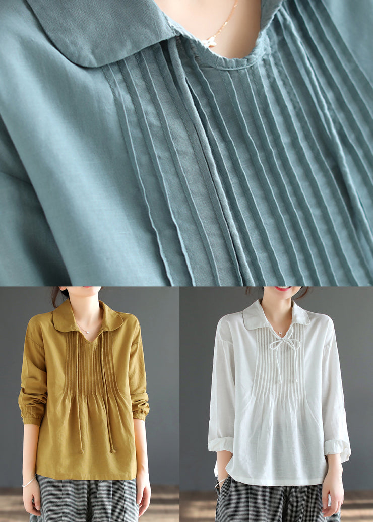 New White Peter Pan Collar Wrinkled Cotton Blouses Fall