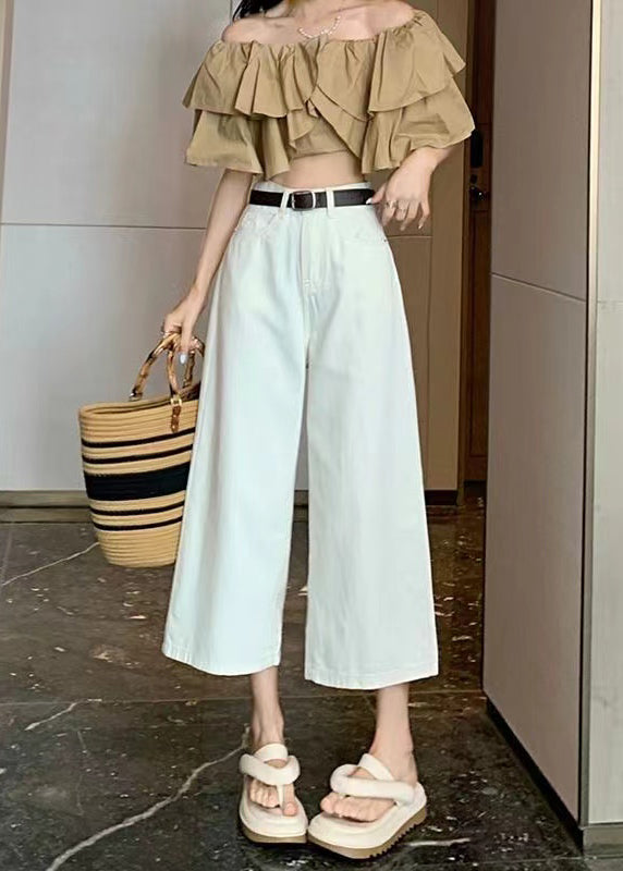 New White Pockets Thin Denim Wide Leg Crop Pants Summer