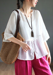 New White V Neck Ruffled Patchwork Linen Shirt Tops Summer