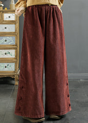 New Wine Red Pockets Elastic Waist Corduroy Wide Leg Pants Fall