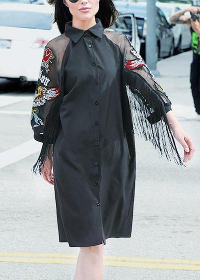 New Woman Plus Size Black Casual Shirt Embroidery Fringe Dress - bagstylebliss