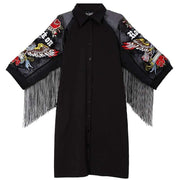 New Woman Plus Size Black Casual Shirt Embroidery Fringe Dress - bagstylebliss