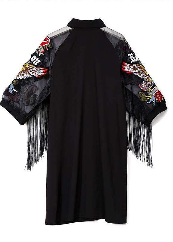 New Woman Plus Size Black Casual Shirt Embroidery Fringe Dress - bagstylebliss