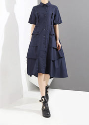 New Woman Summer Solid Blue Elegant Style Shirt Dress - bagstylebliss