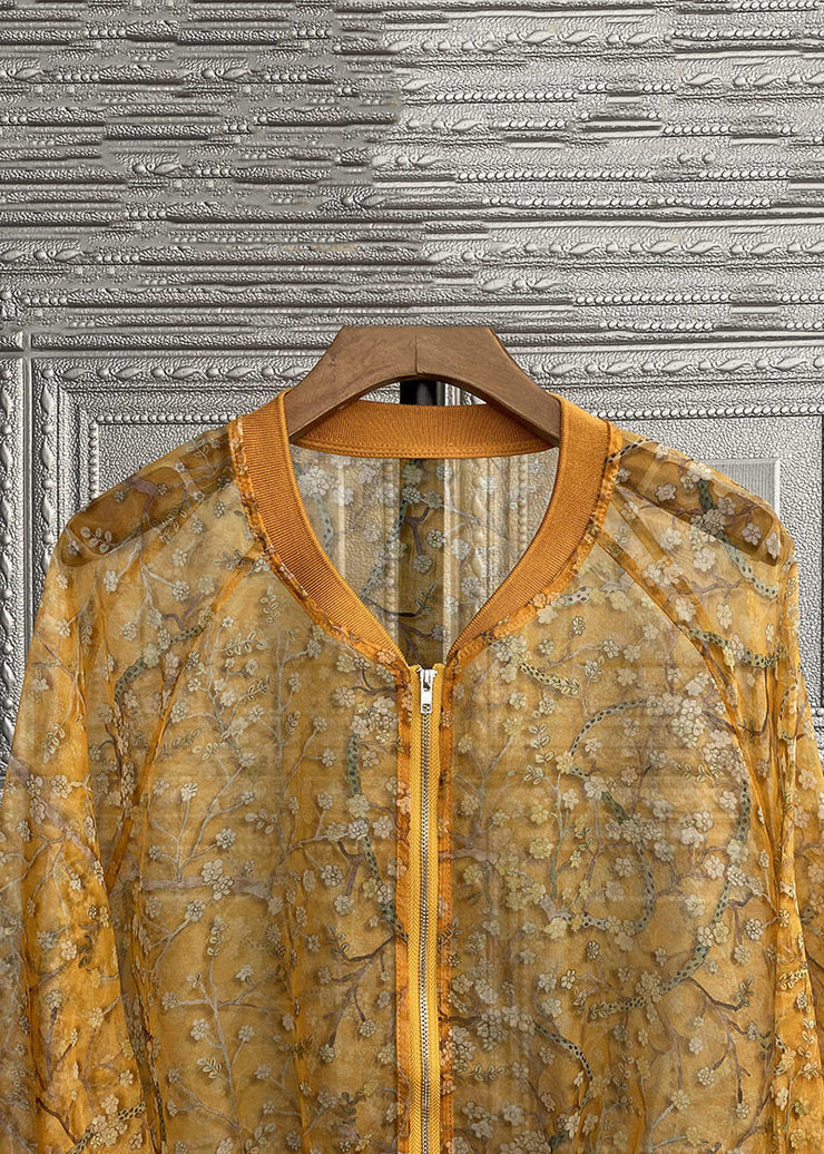 New Yellow Embroidered Zippered Patchwork Silk Thin Coats Long Sleeve