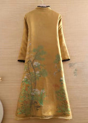 New Yellow Fur Collar Print Cotton Filled Long Coat Winter