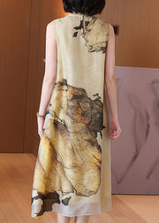 New Yellow Stand Collar Button Print Silk Dress Sleeveless