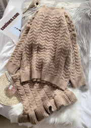 New autumn and winter retro mahogany Khaki sweater women's suit skirt two piece set - bagstylebliss