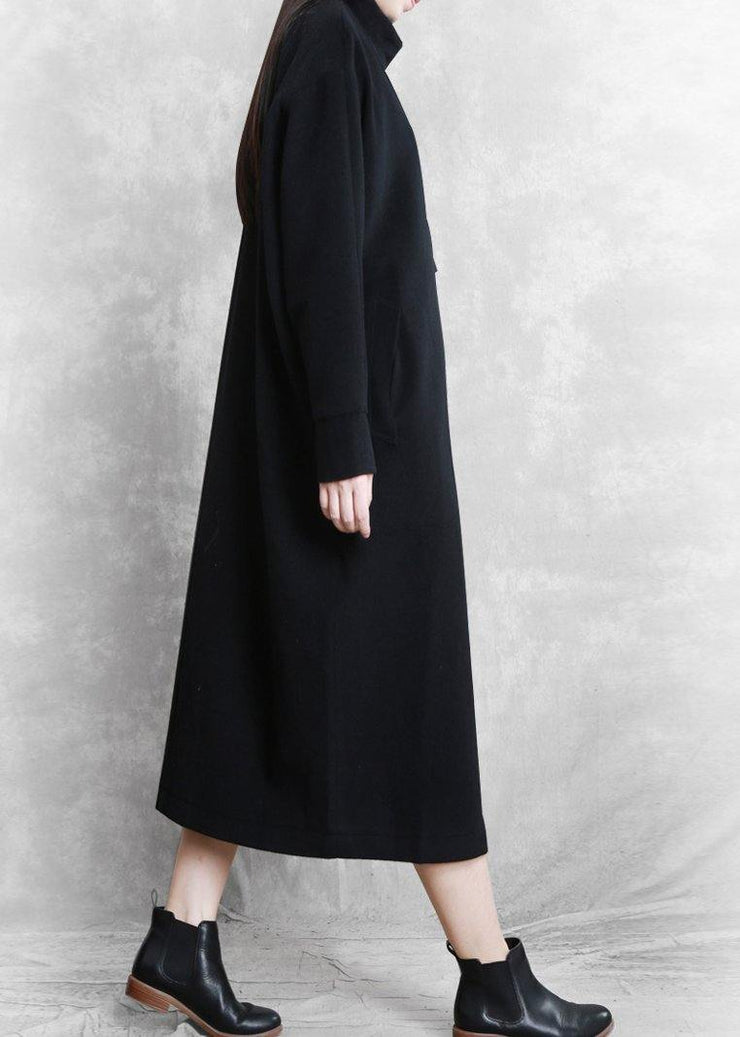 New black Coat Women casual stand collar asymmetric long coat woolen outwear - bagstylebliss