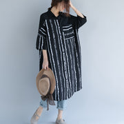 New black Midi-length cotton dress trendy plus size traveling dress 2018 bracelet sleeved patchwork Turn-down Collar striped cotton dresses