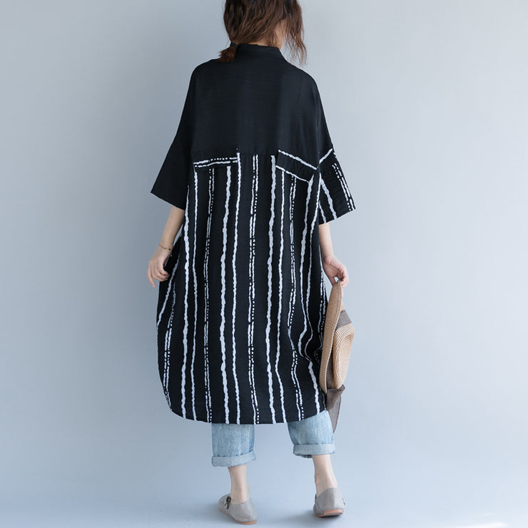 New black Midi-length cotton dress trendy plus size traveling dress 2018 bracelet sleeved patchwork Turn-down Collar striped cotton dresses