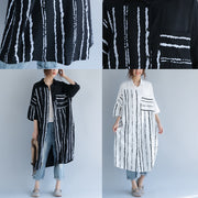 New black Midi-length cotton dress trendy plus size traveling dress 2018 bracelet sleeved patchwork Turn-down Collar striped cotton dresses