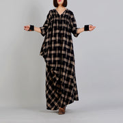 New black Plaid Loose fitting v neck cotton linen gown 2018 asymmetrical design kaftans