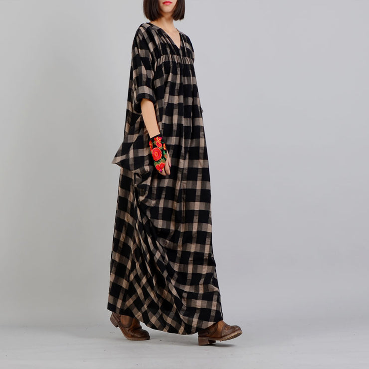 New black Plaid Loose fitting v neck cotton linen gown 2018 asymmetrical design kaftans