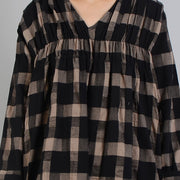 New black Plaid Loose fitting v neck cotton linen gown 2018 asymmetrical design kaftans